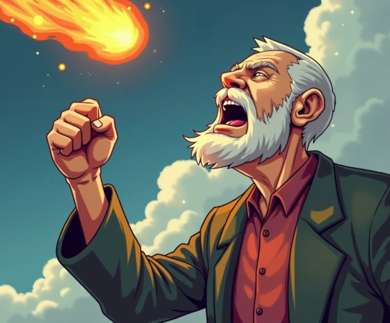 Old man shaking his fist at a fiery meteor.