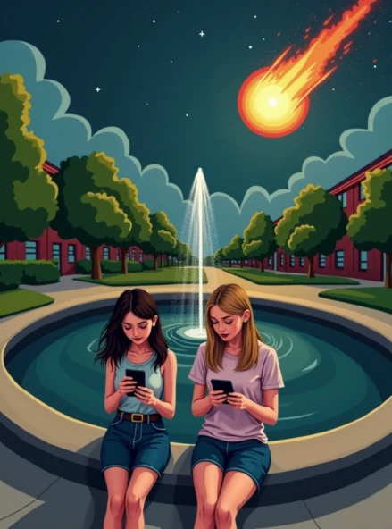 Two college girls texting while a meteor looms behind them.